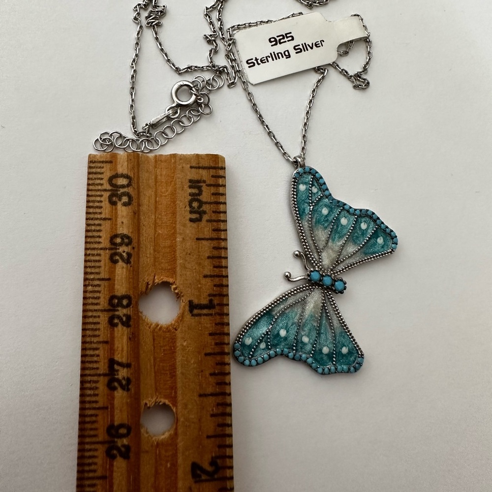 ๐ฆ925 Silver butterfly turquoise stones and enamel necklace handmade - Picture 3 of 4